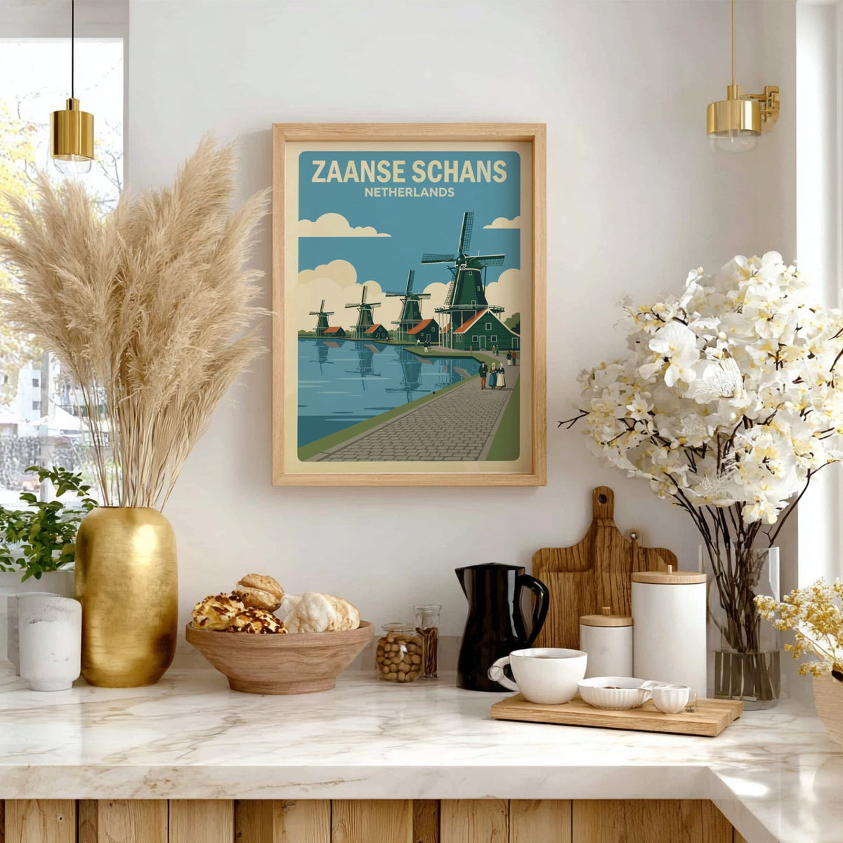Poster of Zaanse Schans Netherlands featuring green windmills along a canal in retro style.