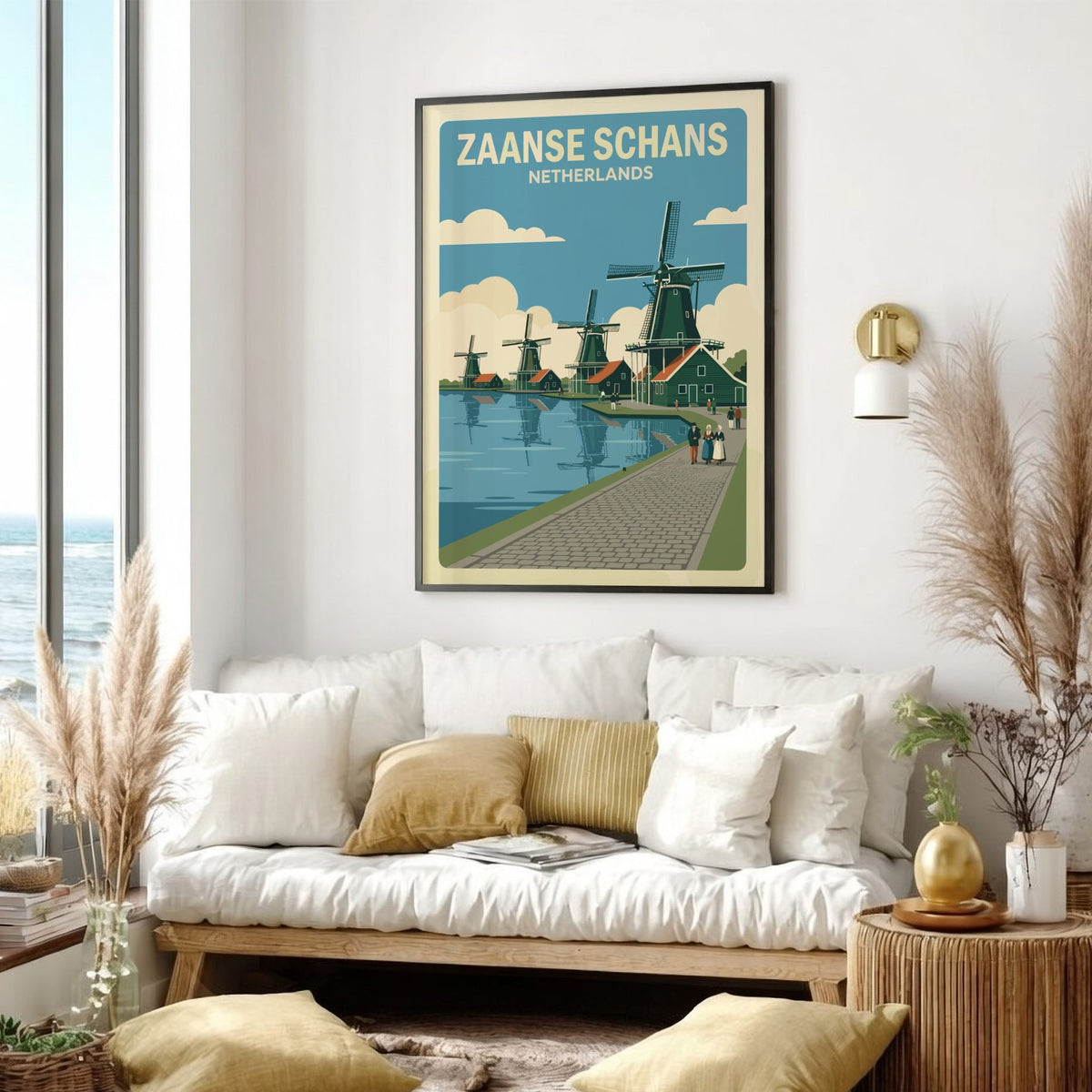 Poster of Zaanse Schans Netherlands featuring green windmills along a canal in retro style.