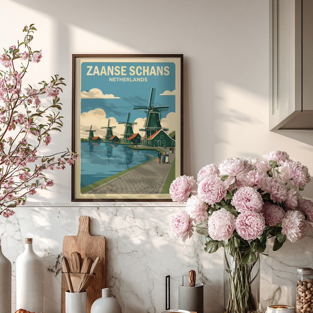 Poster of Zaanse Schans Netherlands featuring green windmills along a canal in retro style.
