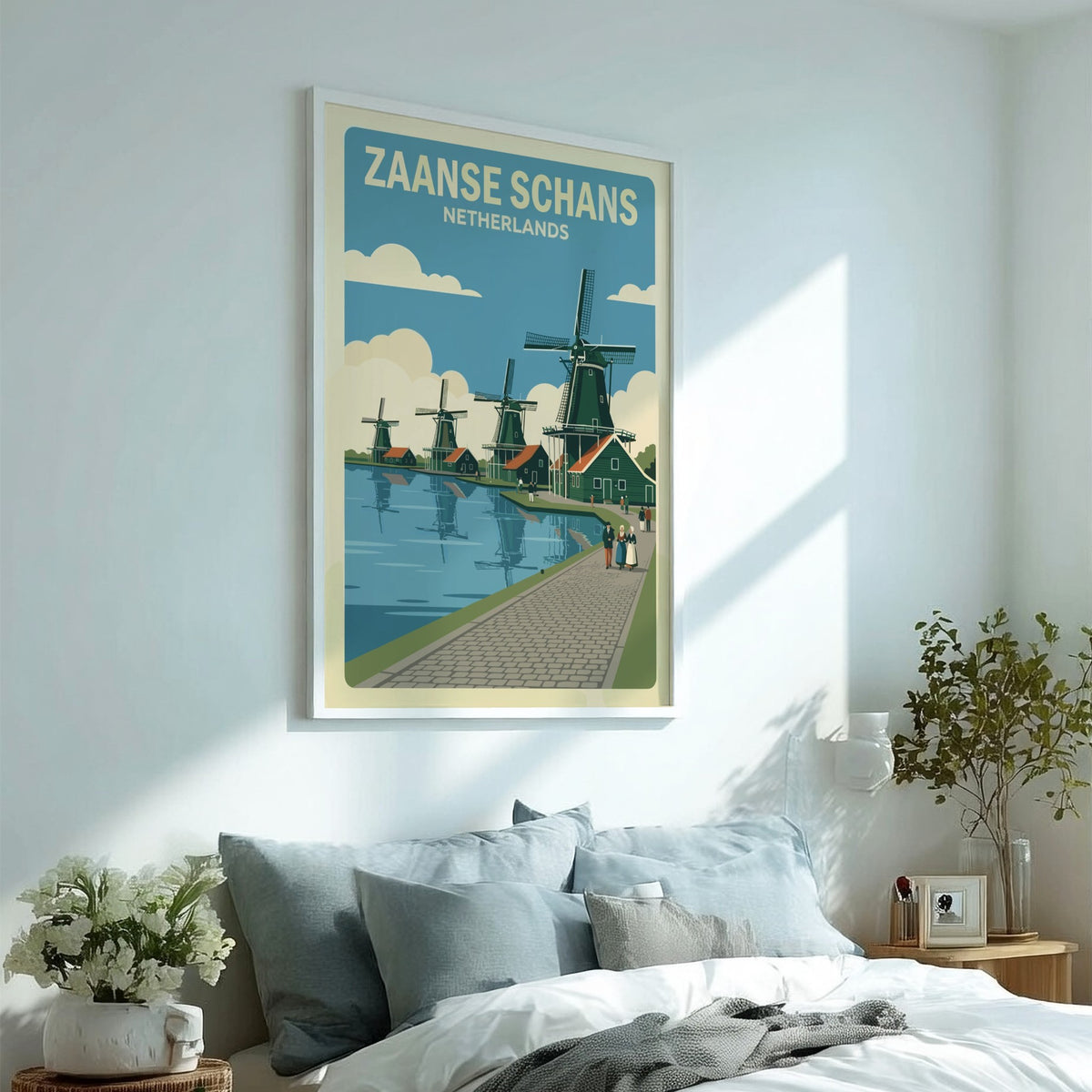 Poster of Zaanse Schans Netherlands featuring green windmills along a canal in retro style.