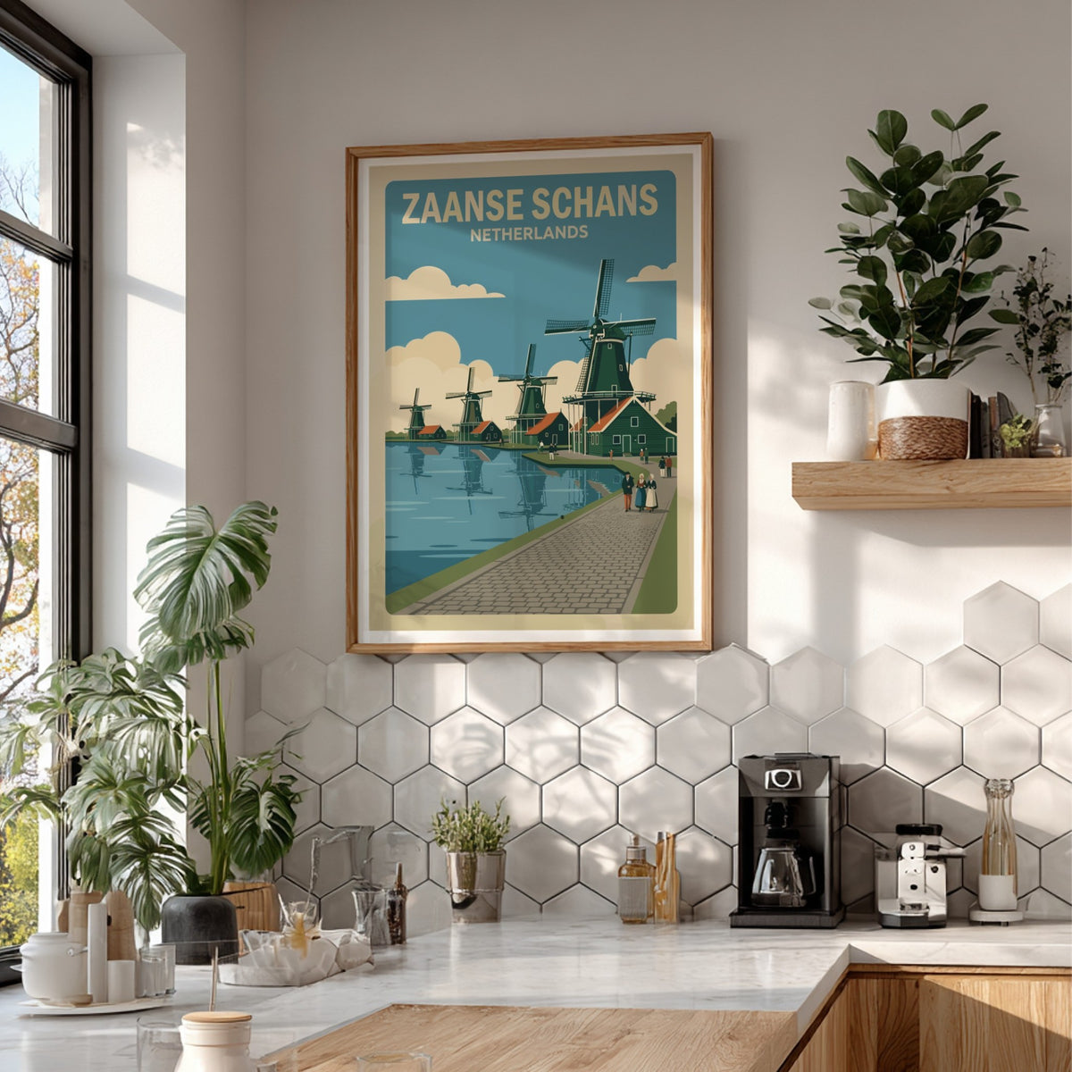 Poster of Zaanse Schans Netherlands featuring green windmills along a canal in retro style.