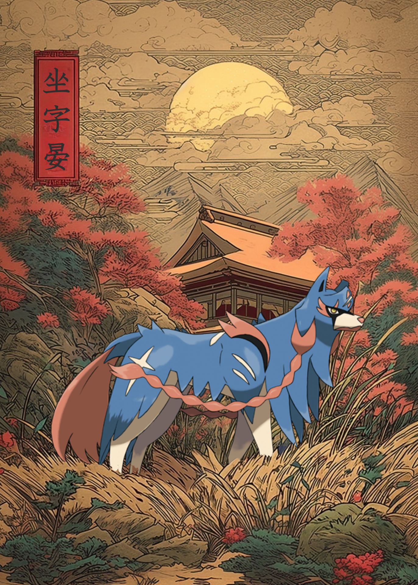 Zacian Pokemon in a traditional Japanese landscape with a large moon and building.