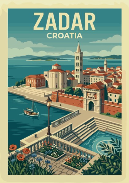 Vintage Zadar, Croatia travel poster featuring coastal architecture and a sailboat in a mid-century modern