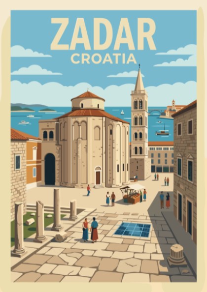 Poster of Zadar Croatia featuring an ancient church and bell tower under sky.