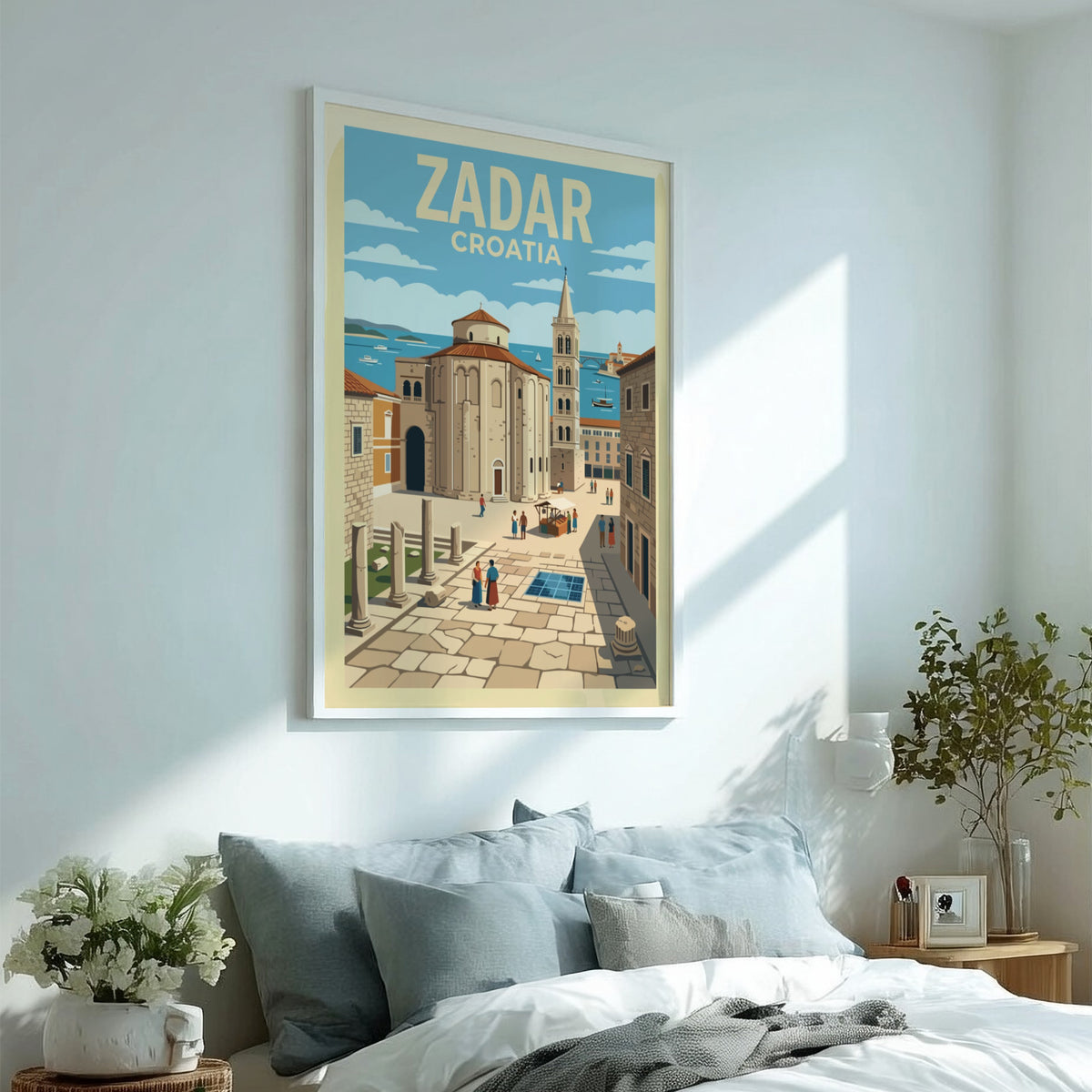 Poster of Zadar Croatia featuring an ancient church and bell tower under sky.