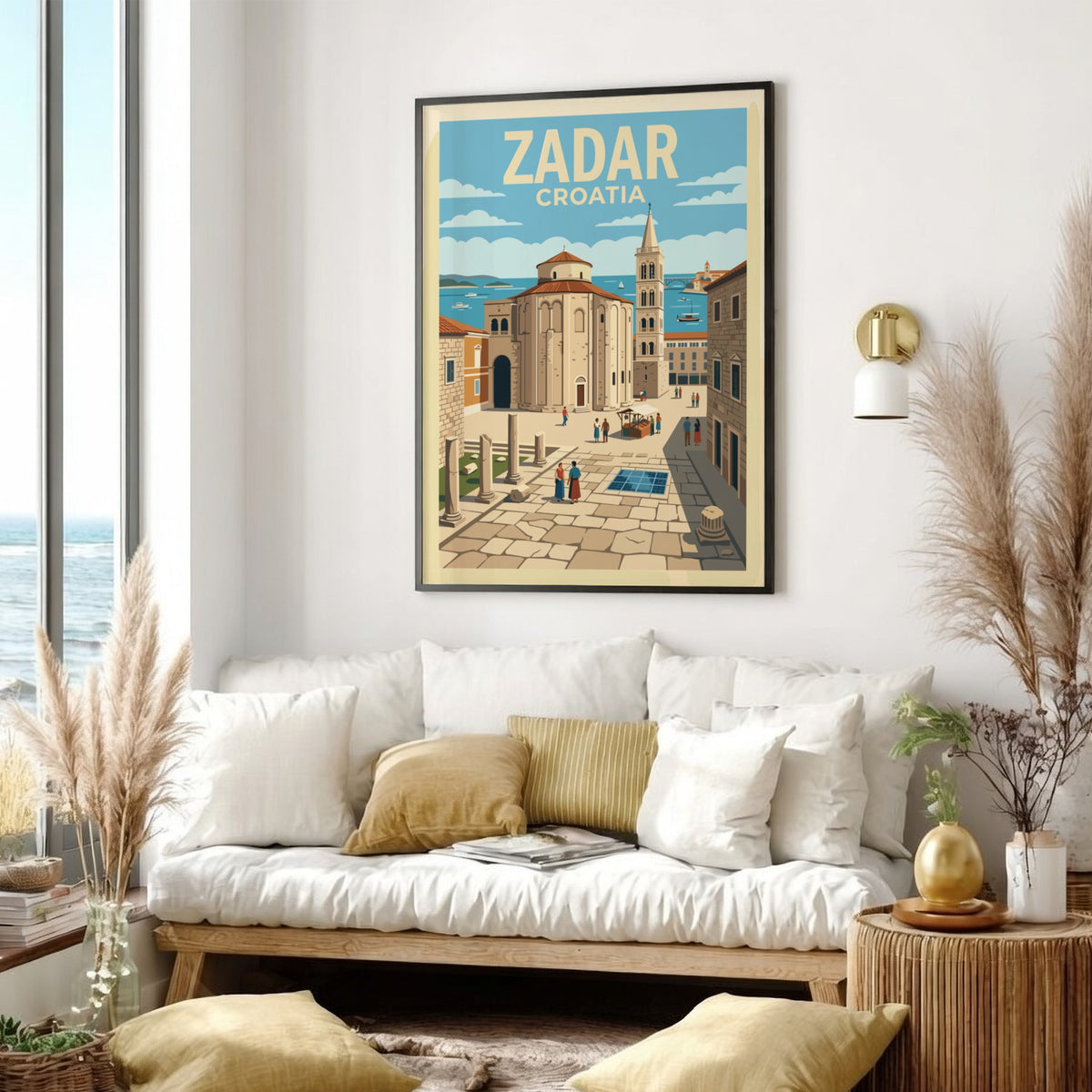 Poster of Zadar Croatia featuring an ancient church and bell tower under sky.
