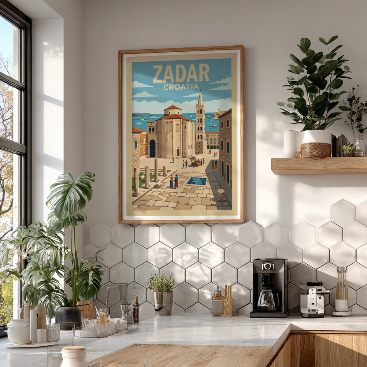 Poster of Zadar Croatia featuring an ancient church and bell tower under sky.