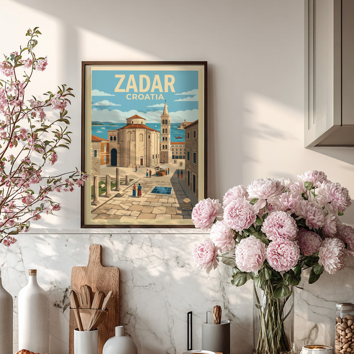 Poster of Zadar Croatia featuring an ancient church and bell tower under sky.