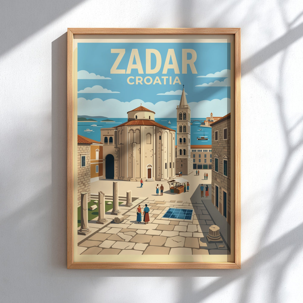 Poster of Zadar Croatia featuring an ancient church and bell tower under sky.
