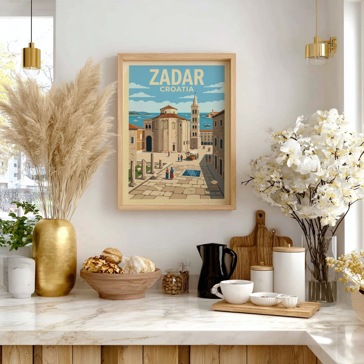 Poster of Zadar Croatia featuring an ancient church and bell tower under sky.