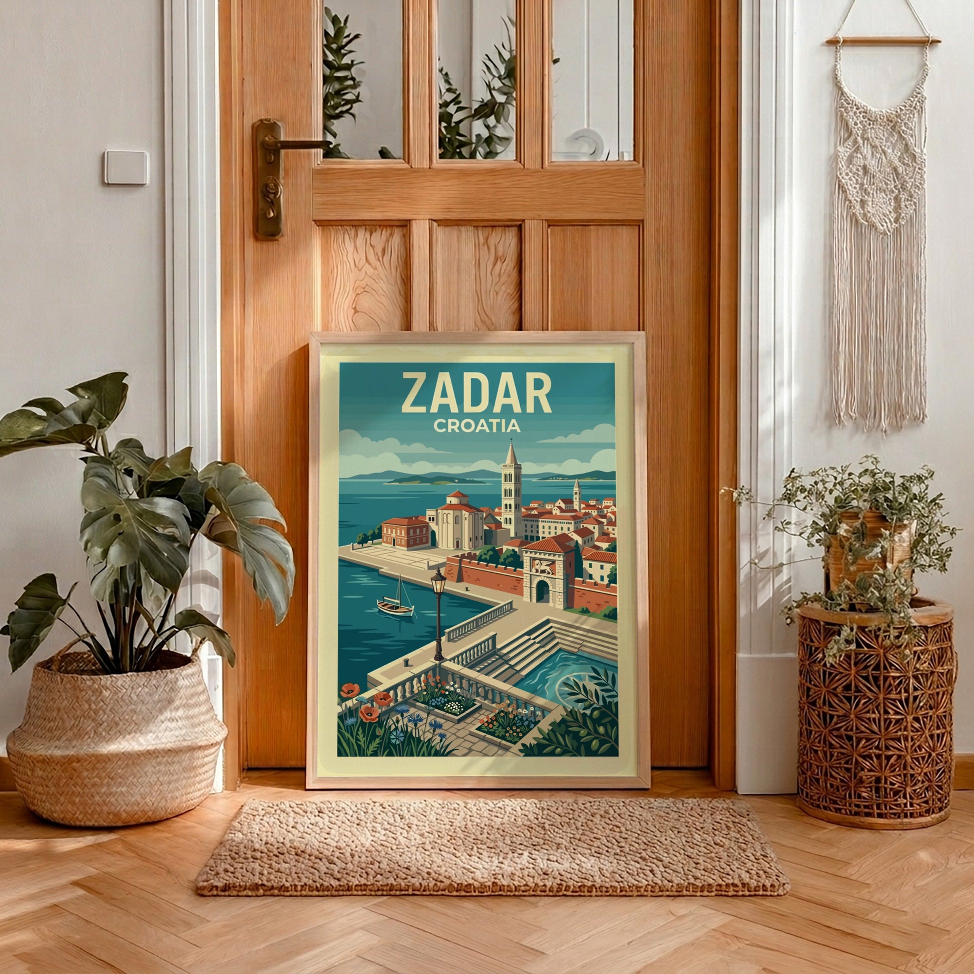 Vintage Zadar, Croatia travel poster featuring coastal architecture and a sailboat in a mid-century modern