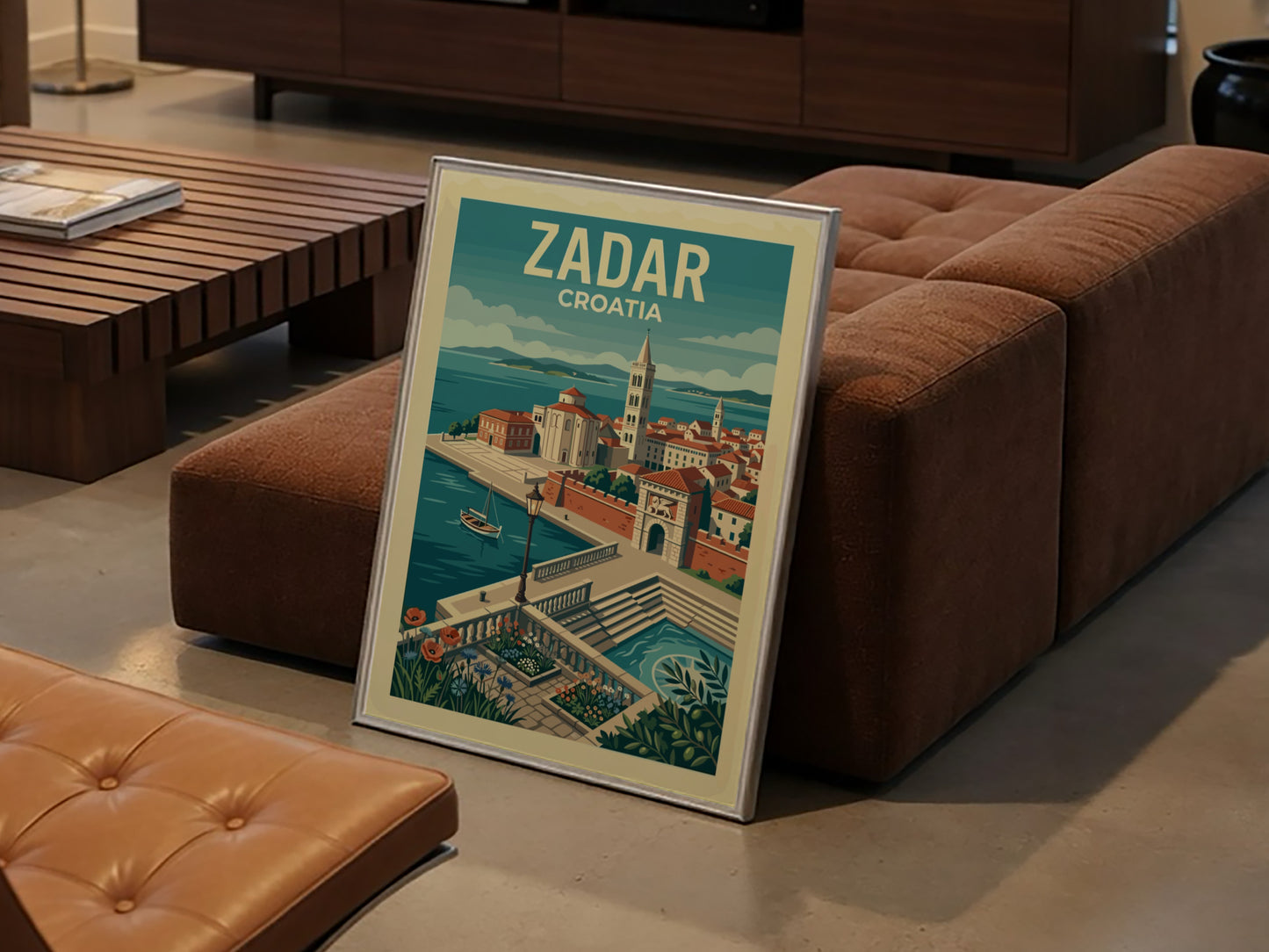 Vintage Zadar, Croatia travel poster featuring coastal architecture and a sailboat in a mid-century modern
