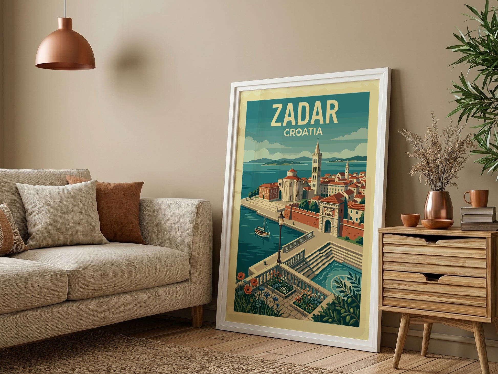 Vintage Zadar, Croatia travel poster featuring coastal architecture and a sailboat in a mid-century modern