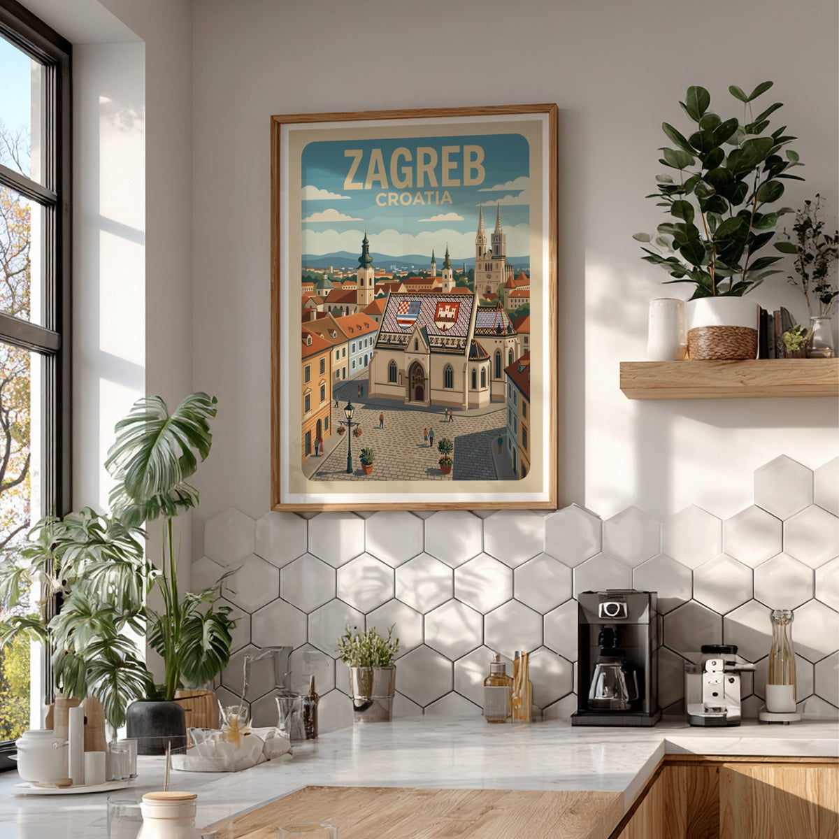 Poster of Zagreb Croatia featuring the historic St. Mark's Church with tiled rooftops.