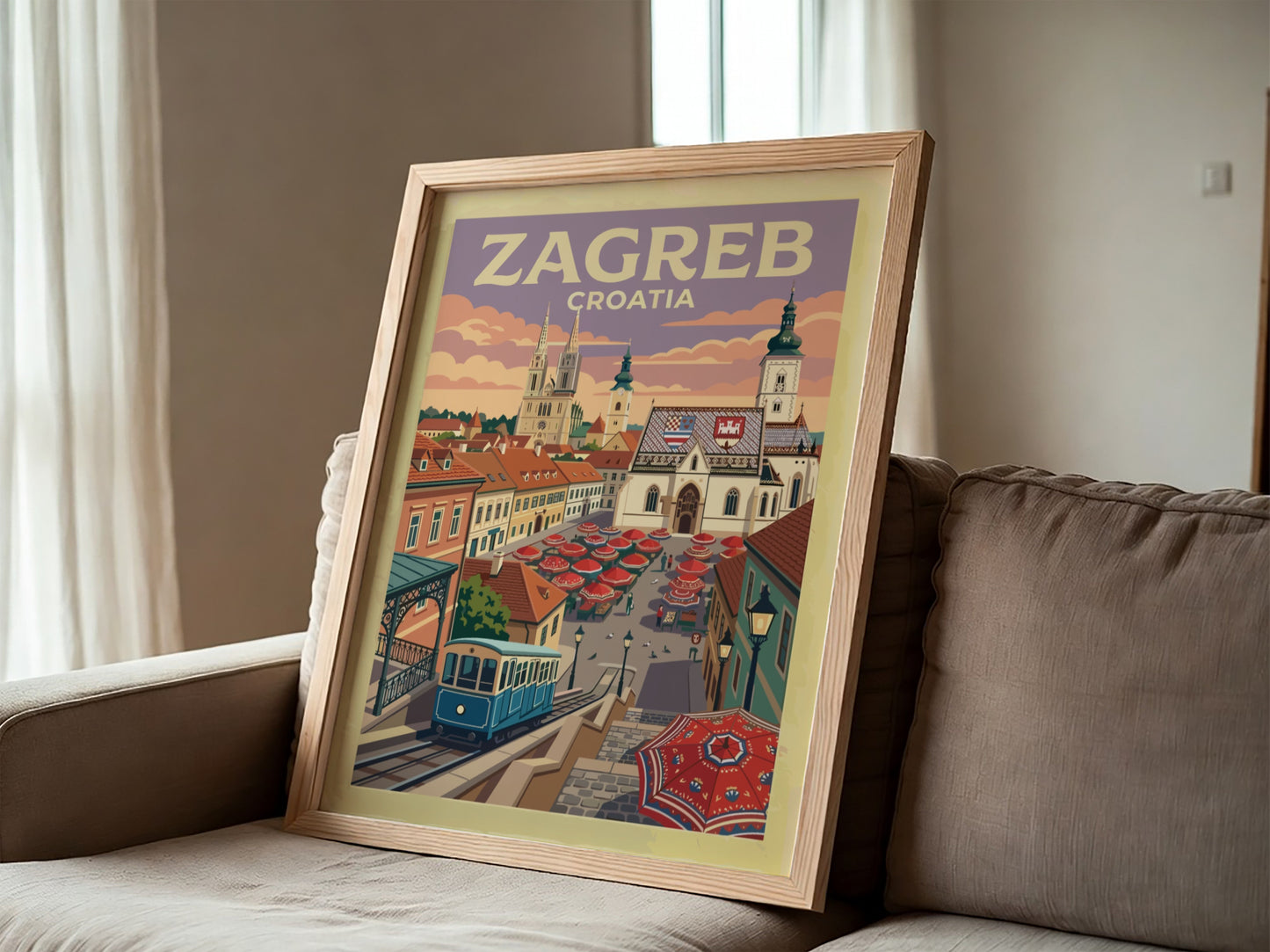 Travel poster of Zagreb Croatia showing the blue funicular, historic cathedral and market