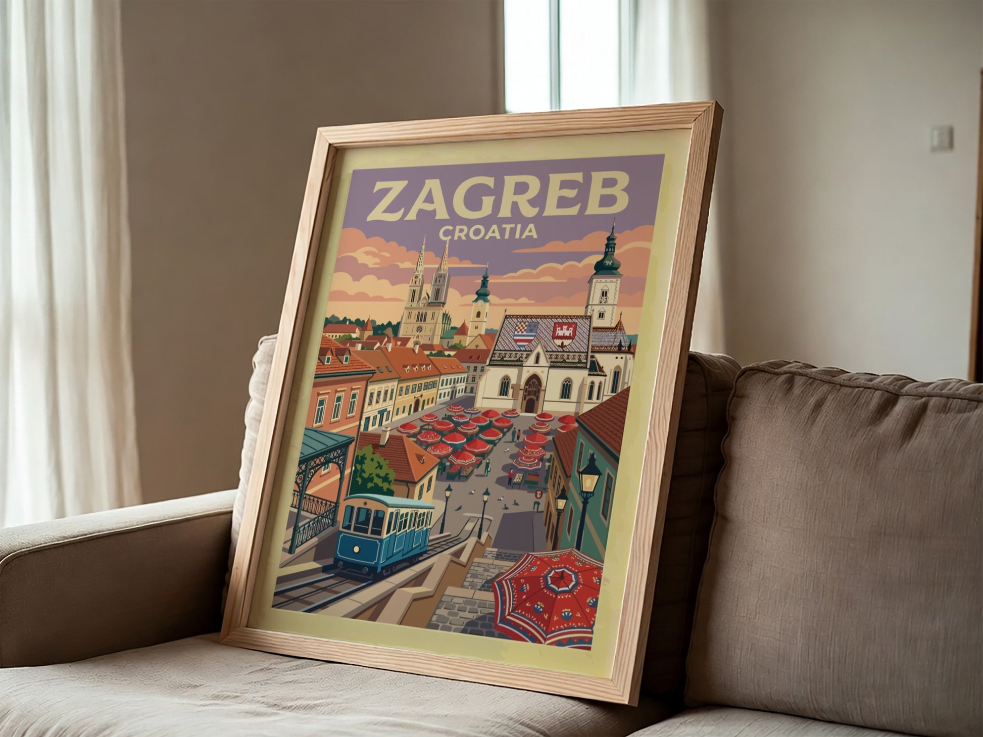 Travel poster of Zagreb Croatia showing the blue funicular, historic cathedral and market