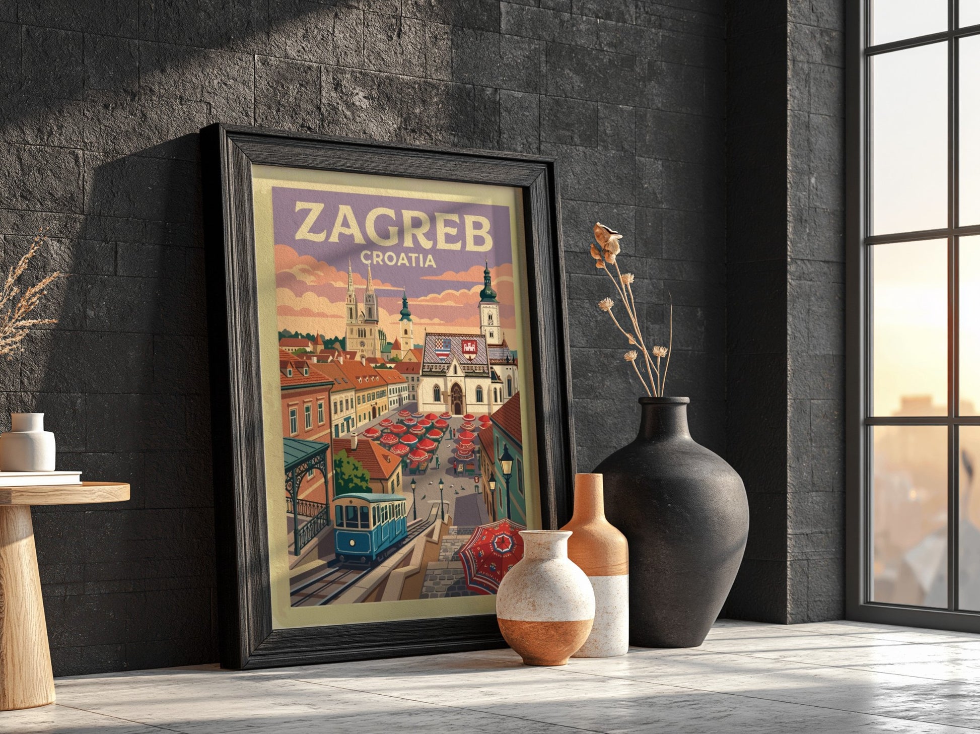 Travel poster of Zagreb Croatia showing the blue funicular, historic cathedral and market
