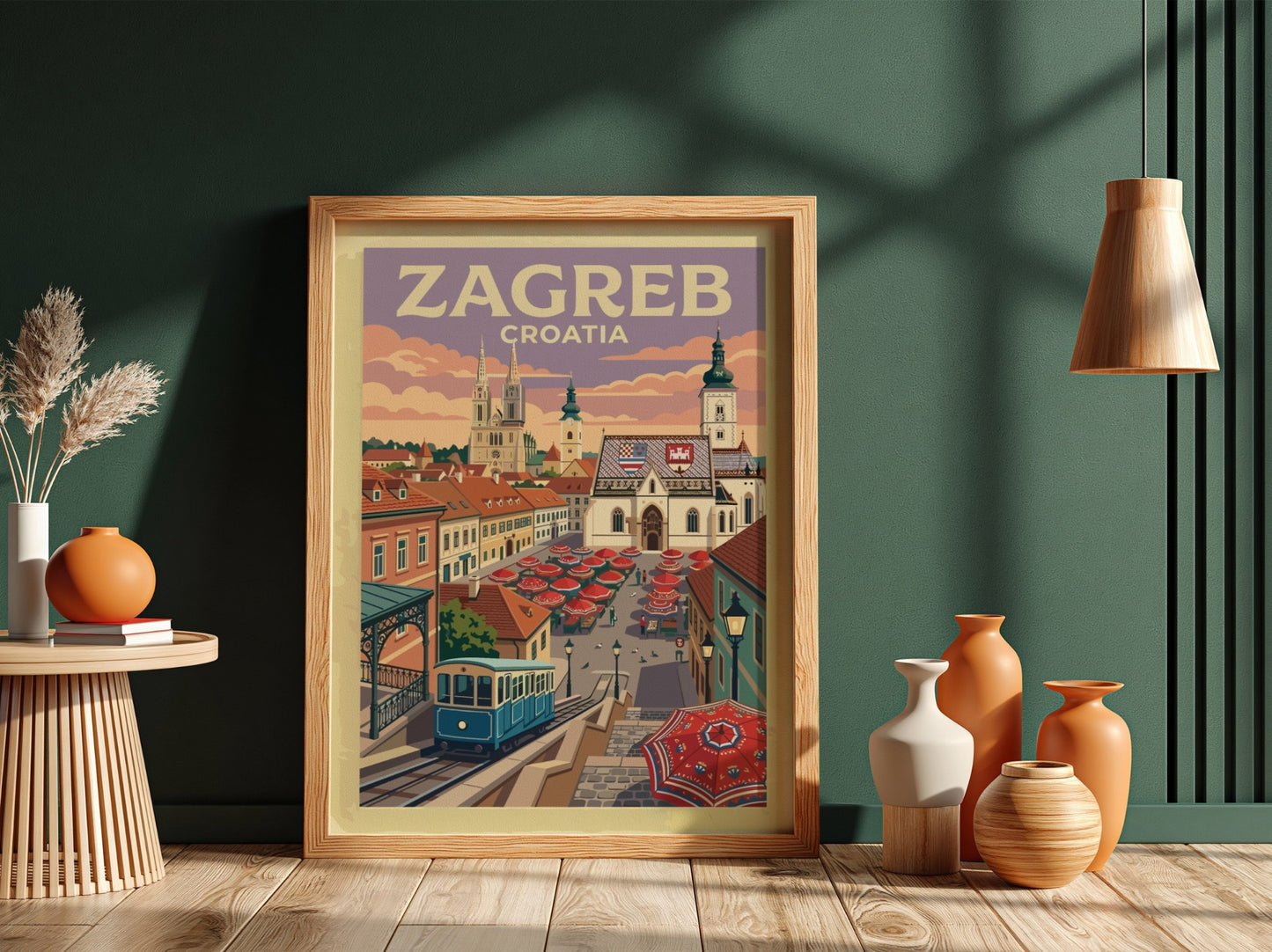 Travel poster of Zagreb Croatia showing the blue funicular, historic cathedral and market