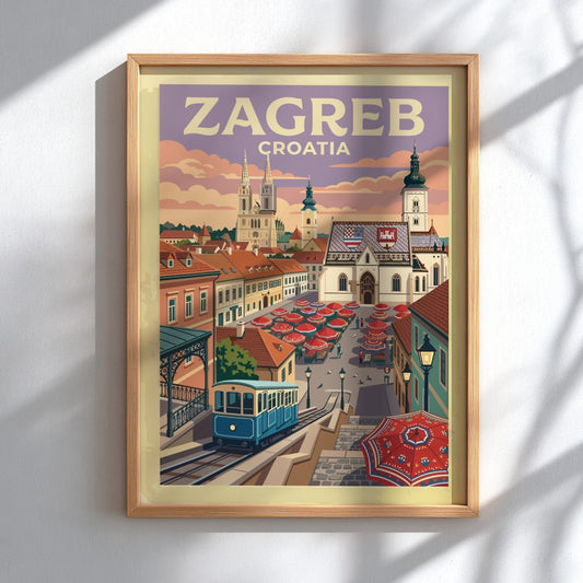 Travel poster of Zagreb Croatia showing the blue funicular, historic cathedral and market
