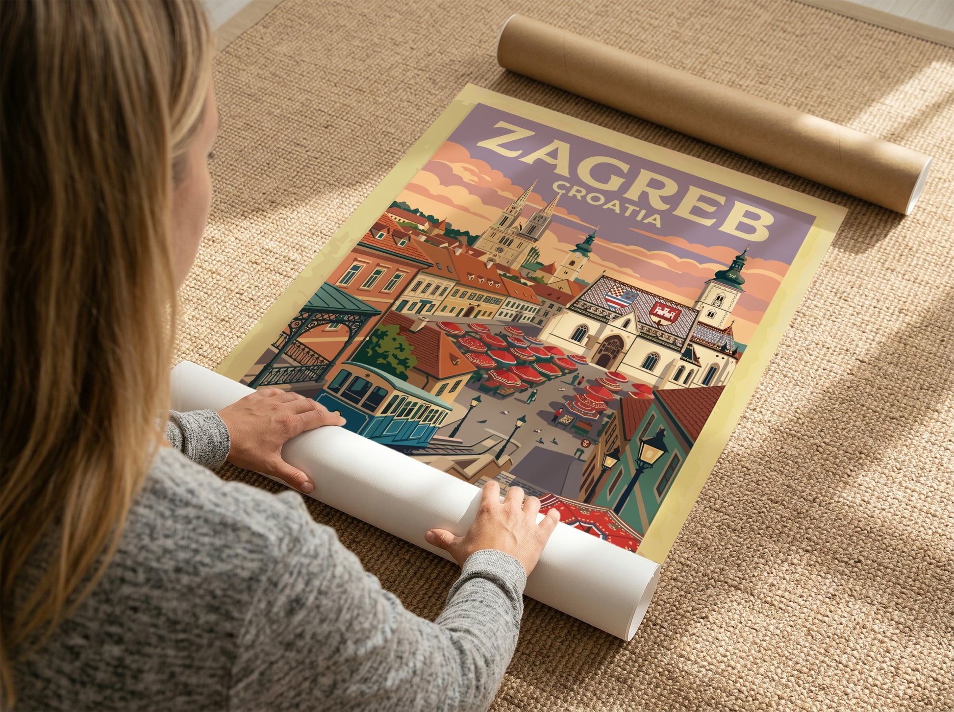 Travel poster of Zagreb Croatia showing the blue funicular, historic cathedral and market