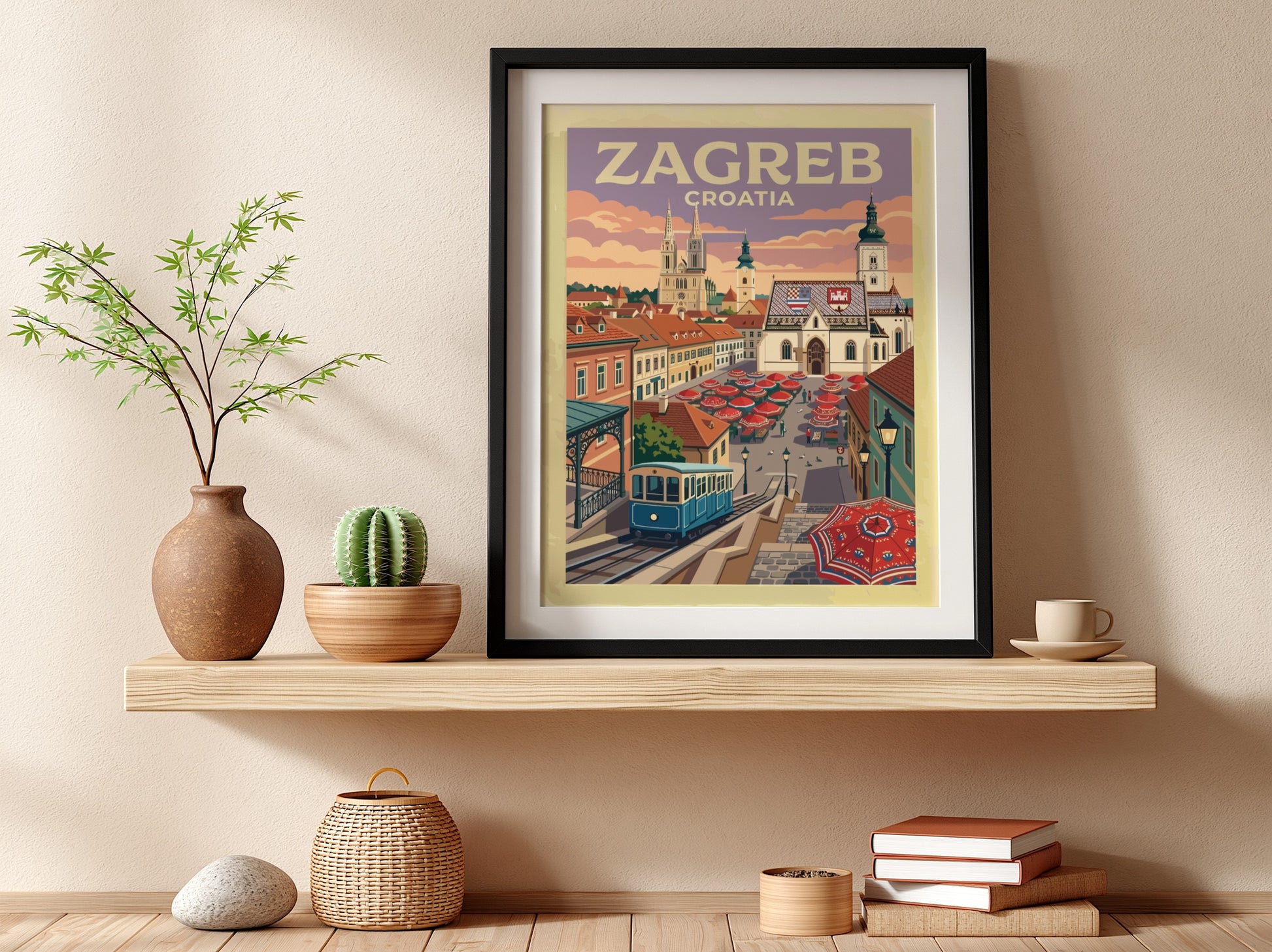 Travel poster of Zagreb Croatia showing the blue funicular, historic cathedral and market
