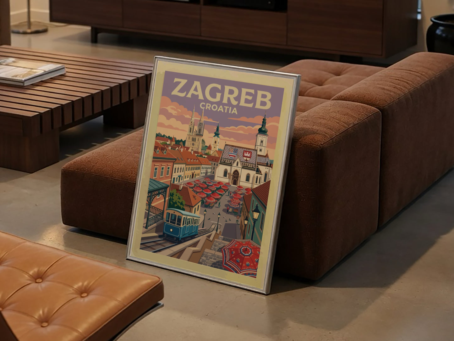 Travel poster of Zagreb Croatia showing the blue funicular, historic cathedral and market