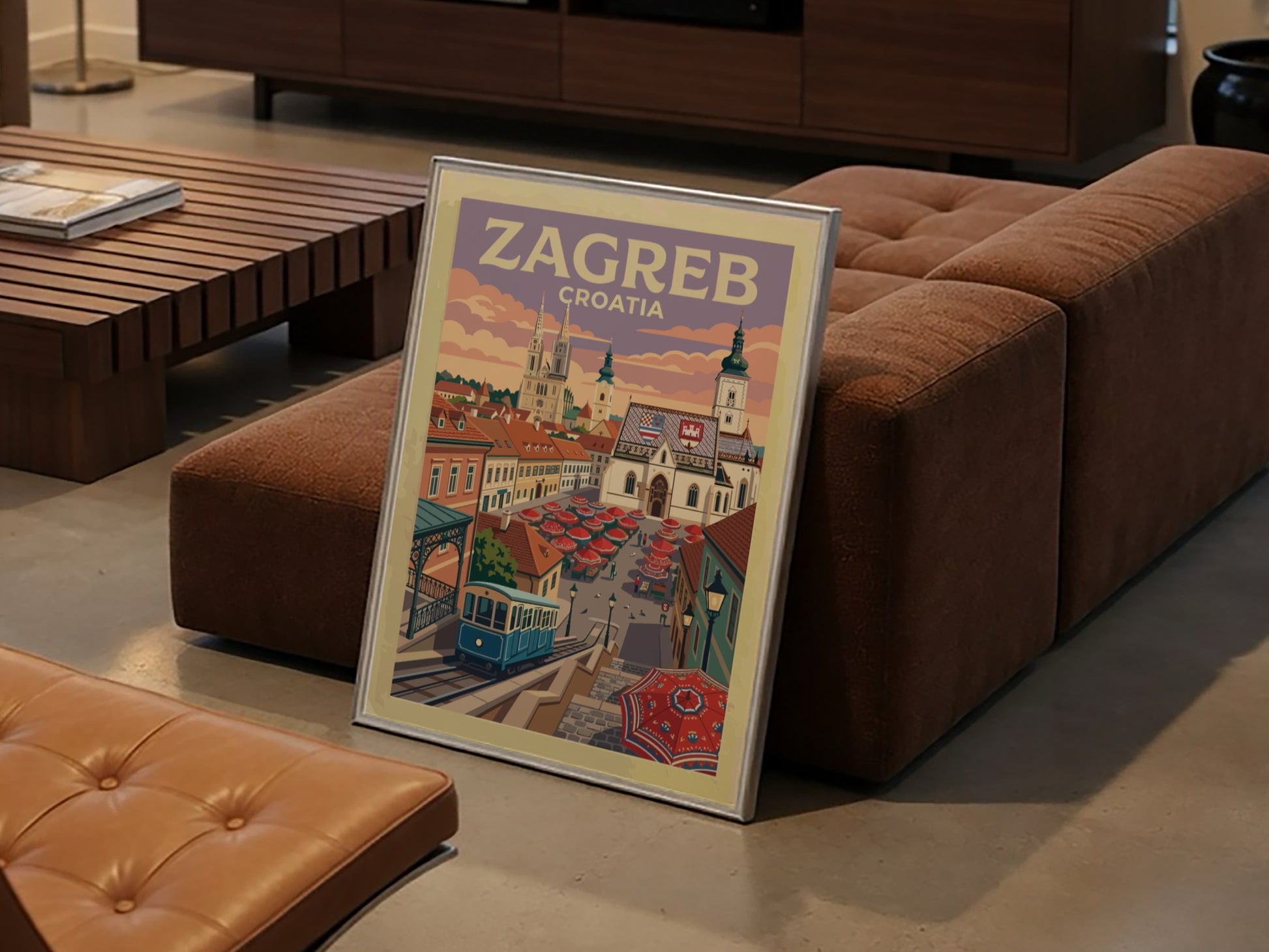 Travel poster of Zagreb Croatia showing the blue funicular, historic cathedral and market