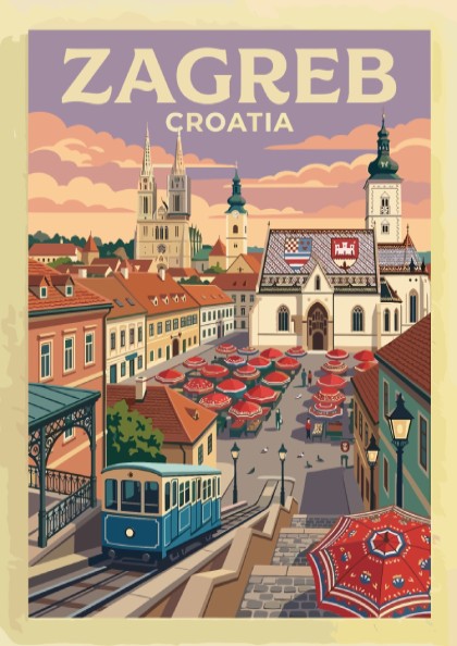 Travel poster of Zagreb Croatia showing the blue funicular, historic cathedral and market
