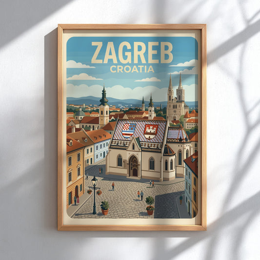 Poster of Zagreb Croatia featuring the historic St. Mark's Church with tiled rooftops.