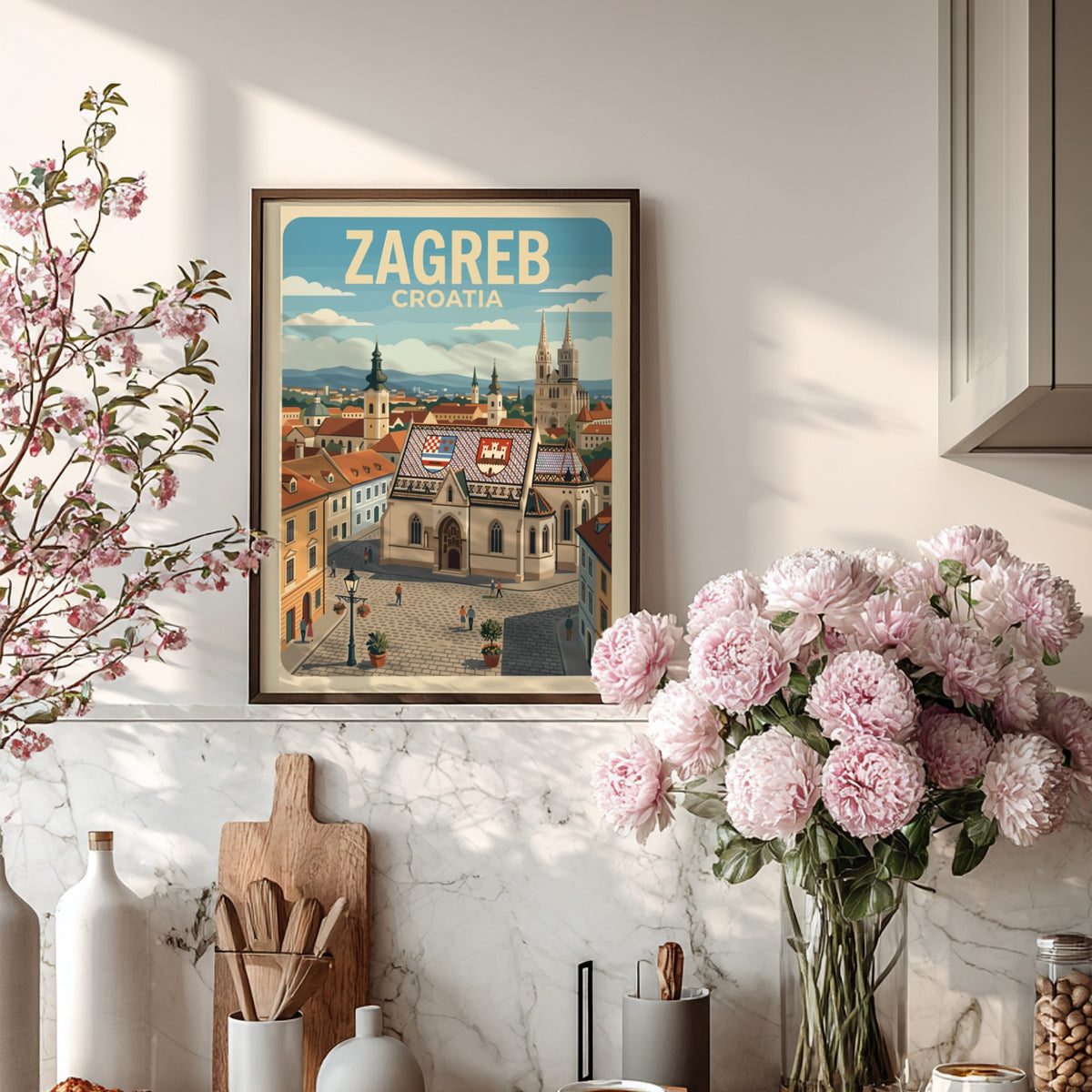 Poster of Zagreb Croatia featuring the historic St. Mark's Church with tiled rooftops.