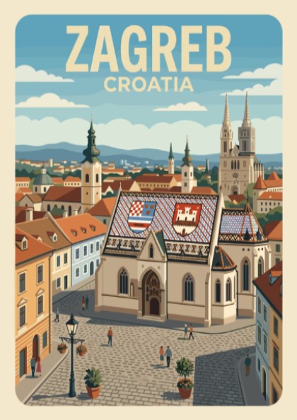 Poster of Zagreb Croatia featuring the historic St. Mark's Church with tiled rooftops.