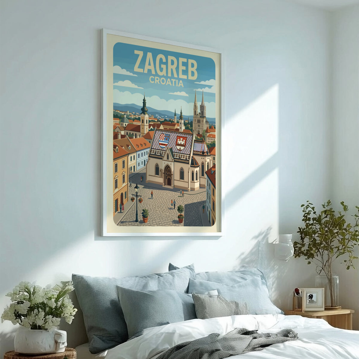 Poster of Zagreb Croatia featuring the historic St. Mark's Church with tiled rooftops.