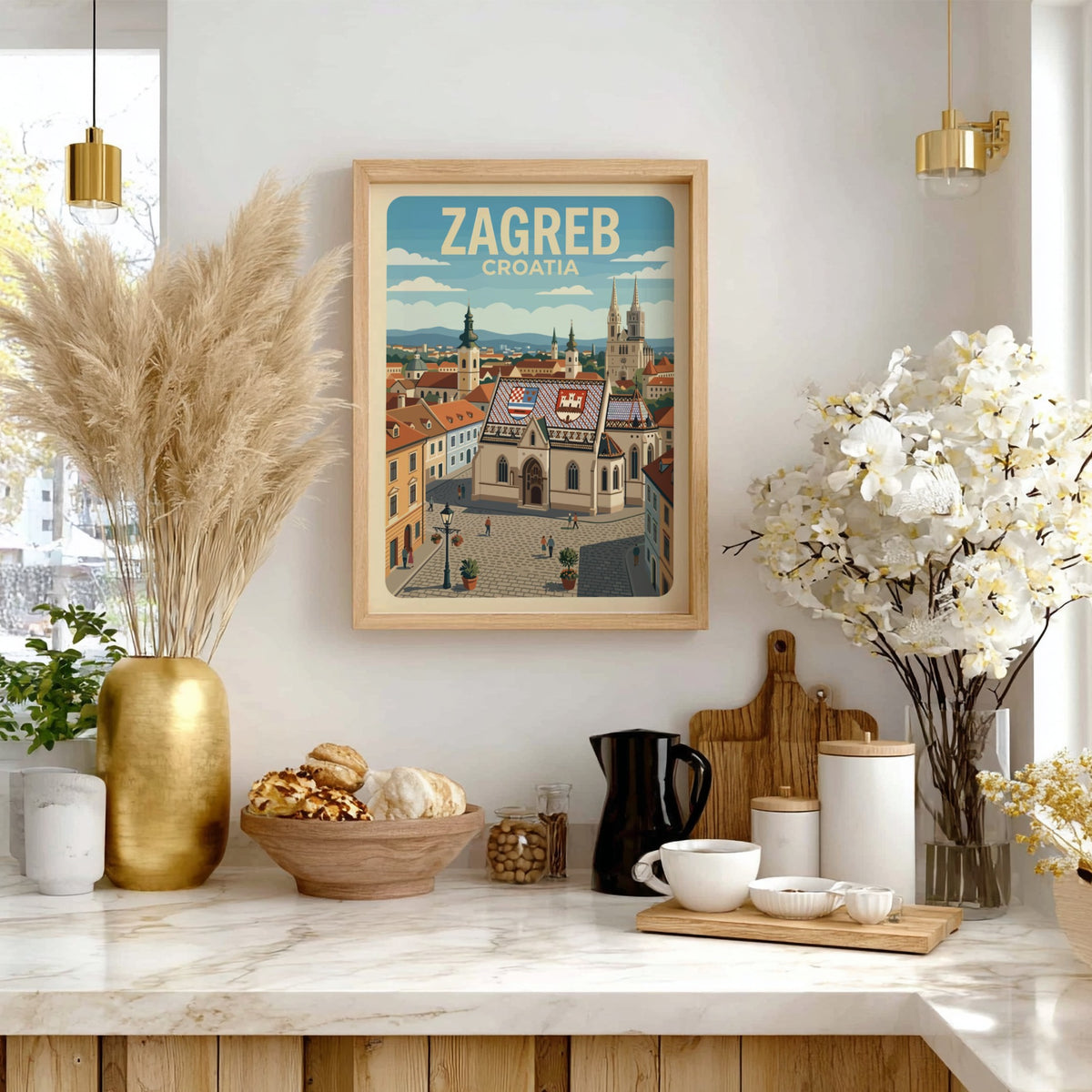 Poster of Zagreb Croatia featuring the historic St. Mark's Church with tiled rooftops.