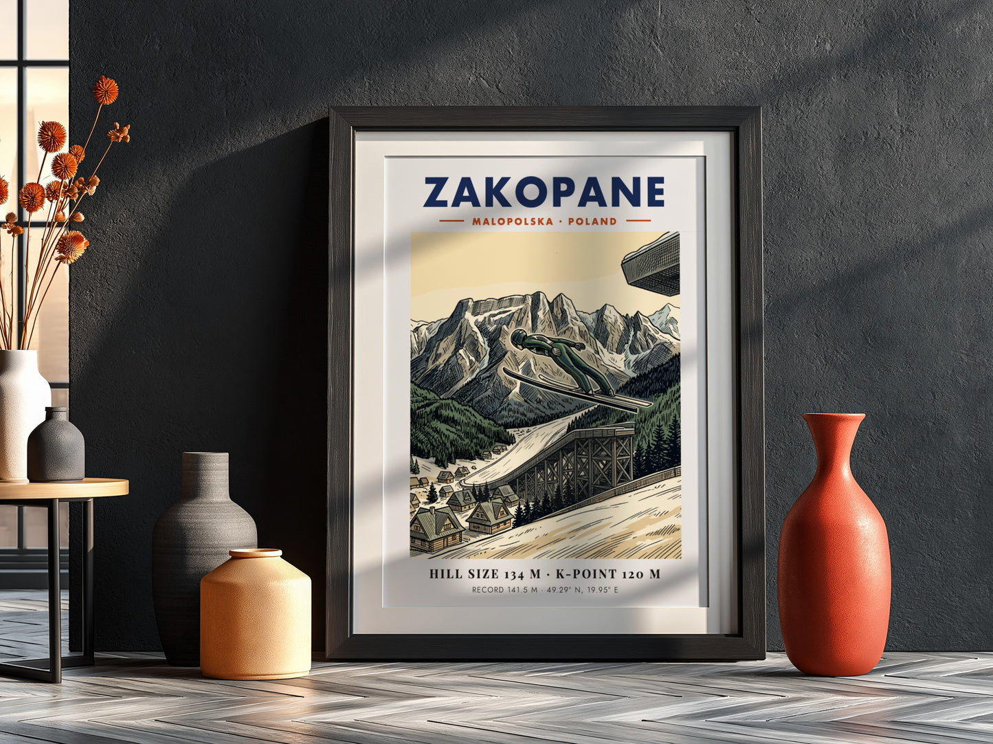 Poster showing a ski jumper in mid-air above the Zakopane mountain range landscape.