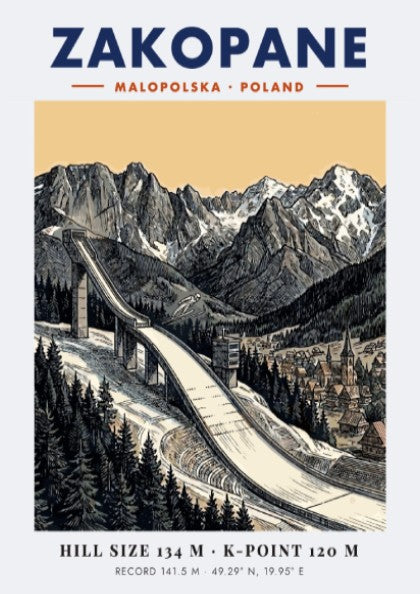 Poster of the Zakopane ski jump with jagged mountain peaks and a small village.