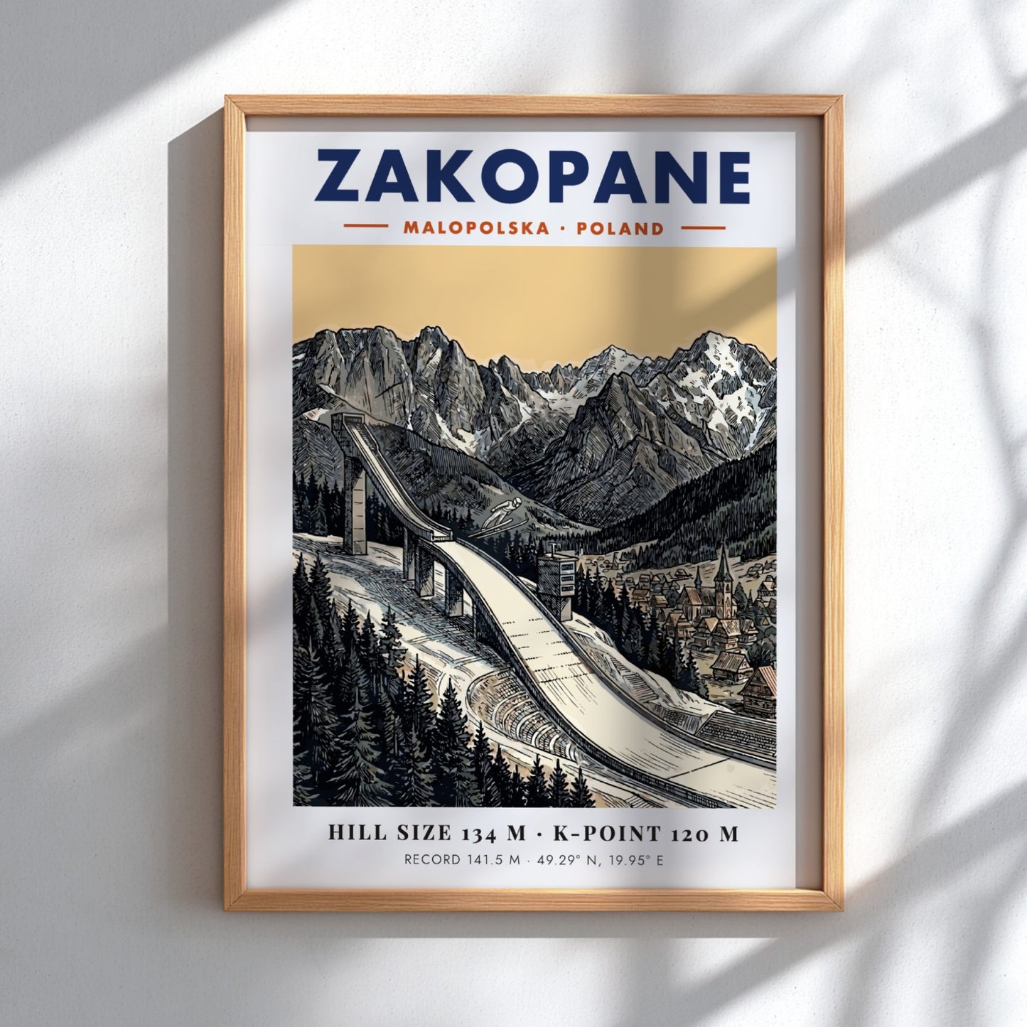 Poster of the Zakopane ski jump with jagged mountain peaks and a small village.