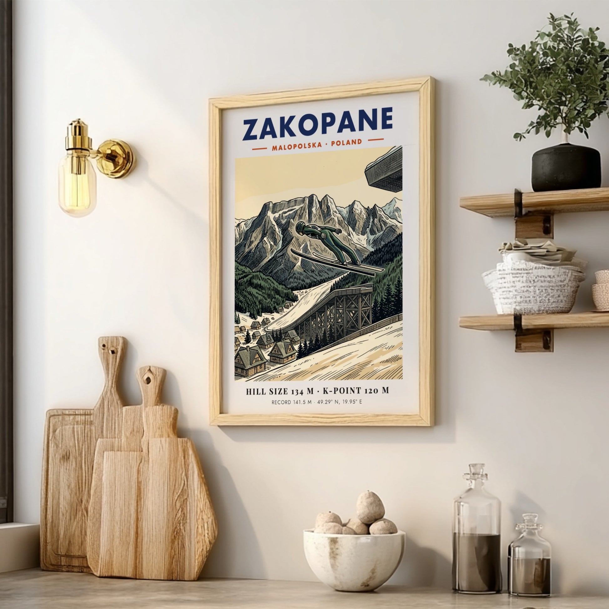 Poster showing a ski jumper in mid-air above the Zakopane mountain range landscape.