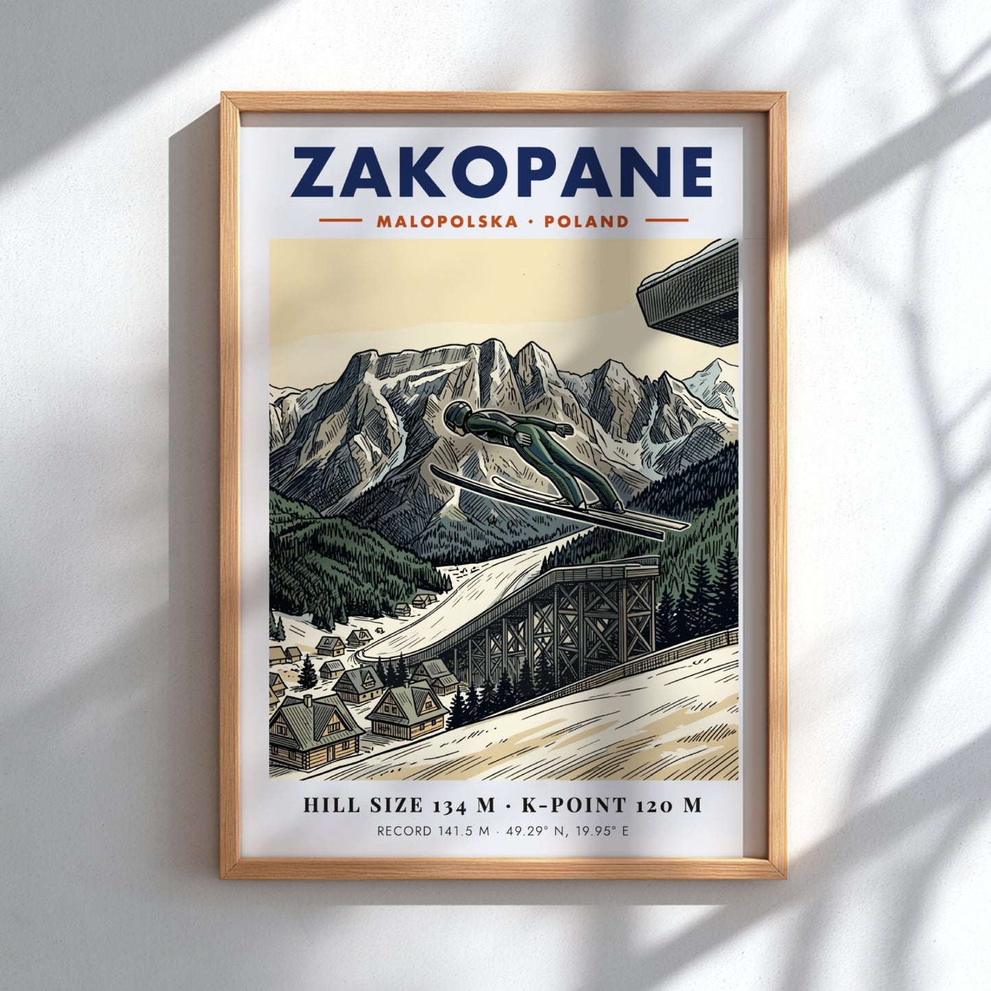 Poster showing a ski jumper in mid-air above the Zakopane mountain range landscape.