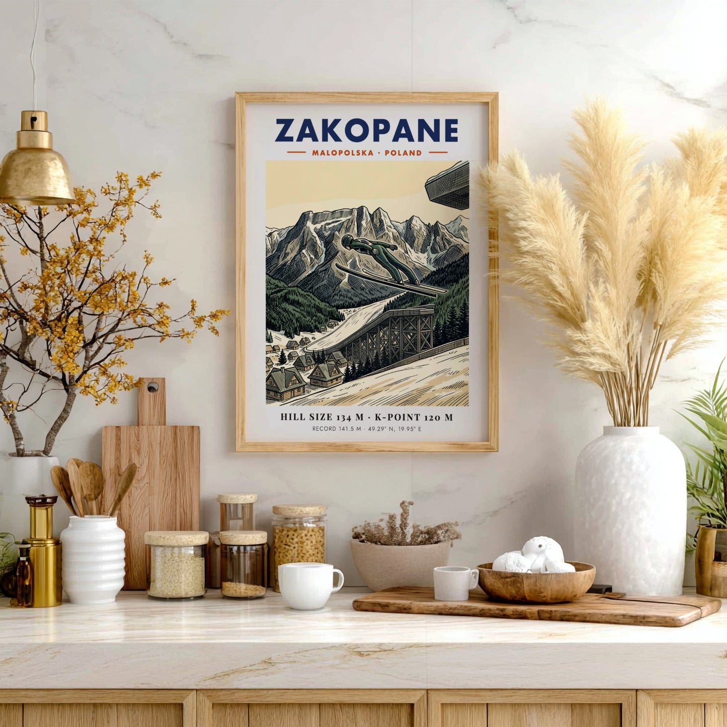 Poster showing a ski jumper in mid-air above the Zakopane mountain range landscape.