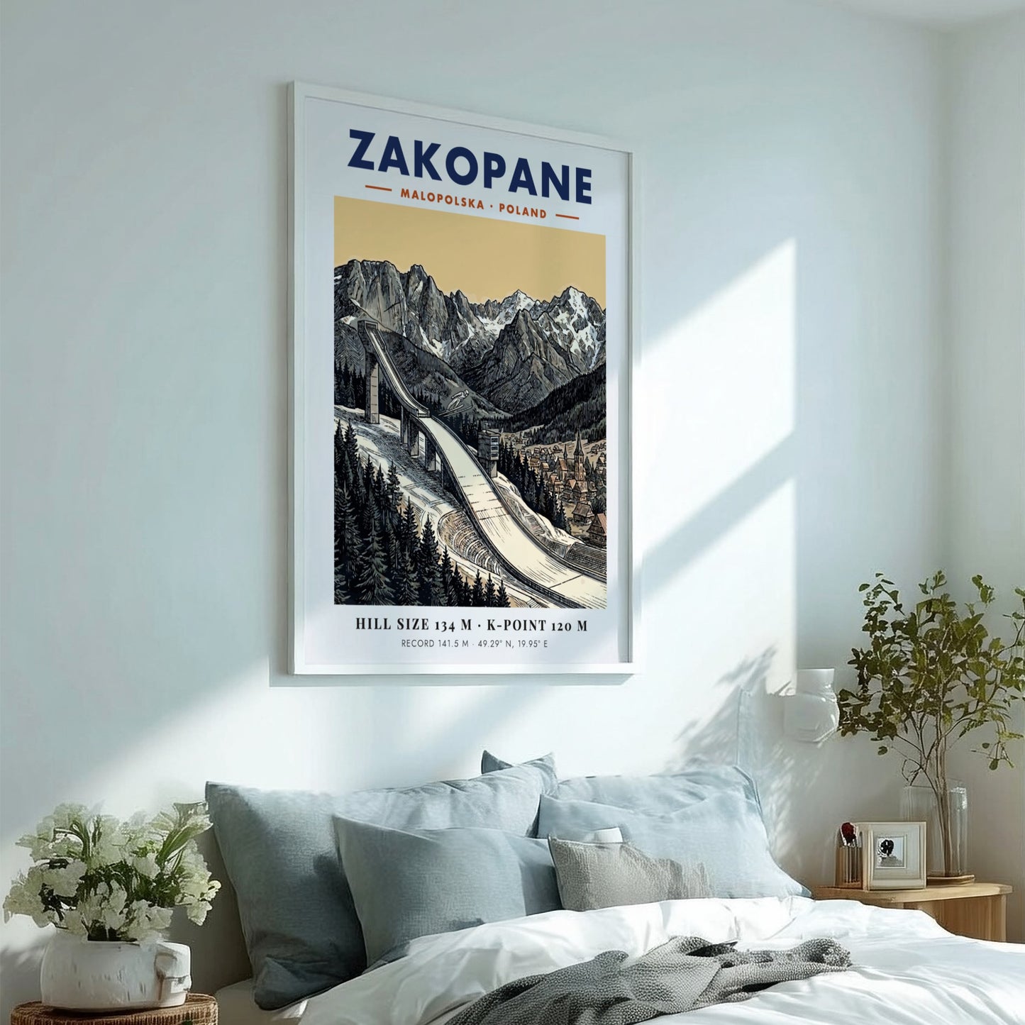 Poster of the Zakopane ski jump with jagged mountain peaks and a small village.