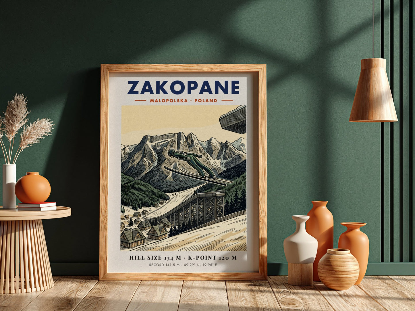 Poster showing a ski jumper in mid-air above the Zakopane mountain range landscape.