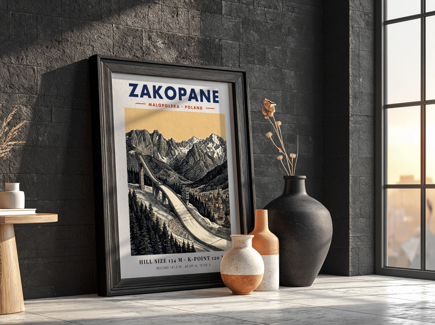 Poster of the Zakopane ski jump with jagged mountain peaks and a small village.