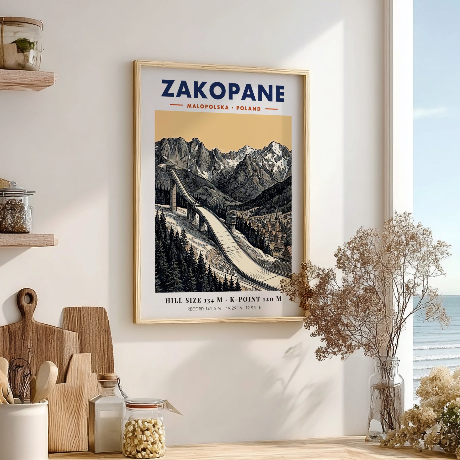 Poster of the Zakopane ski jump with jagged mountain peaks and a small village.