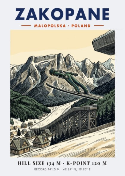 Poster showing a ski jumper in mid-air above the Zakopane mountain range landscape.