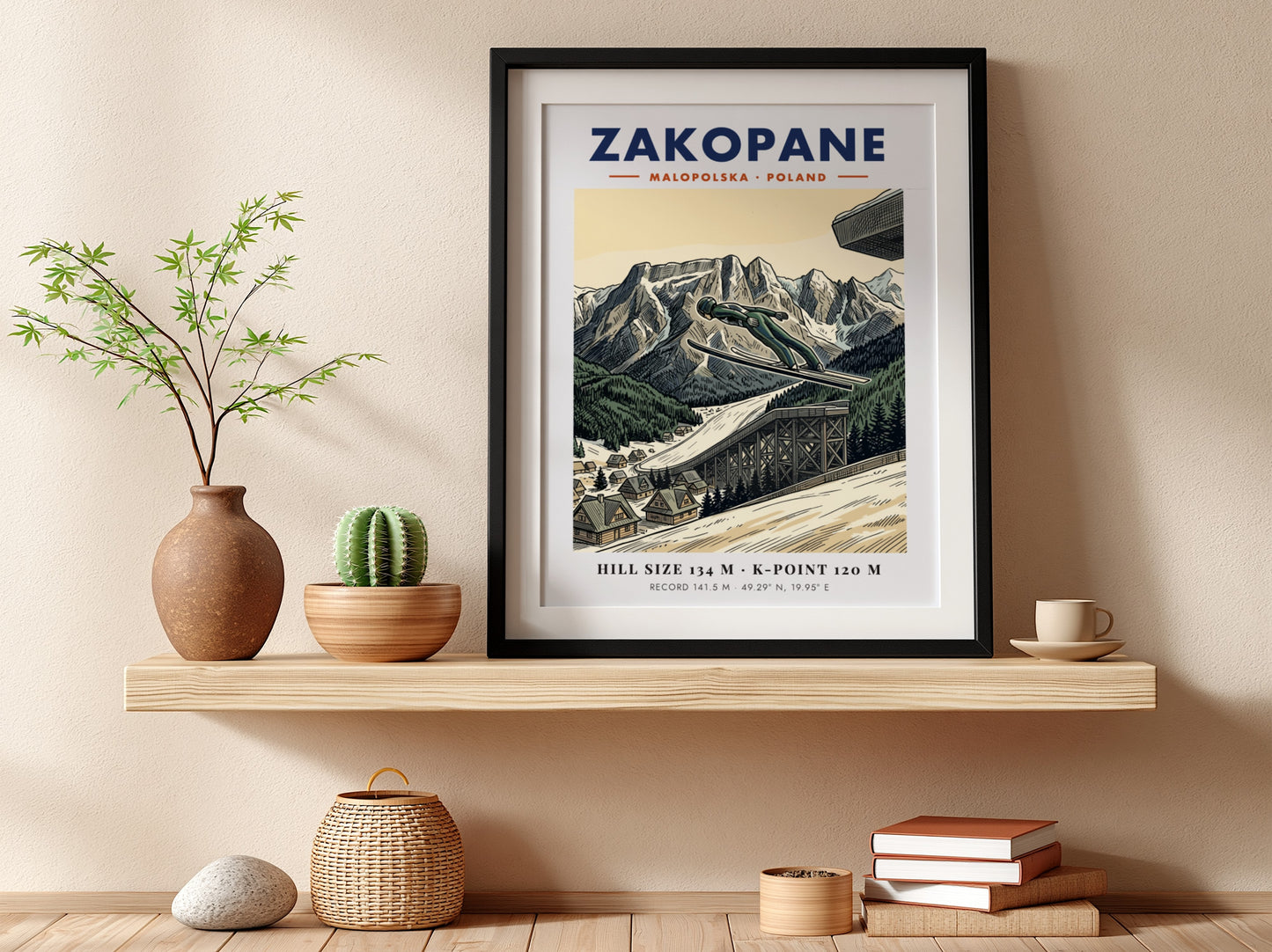 Poster showing a ski jumper in mid-air above the Zakopane mountain range landscape.