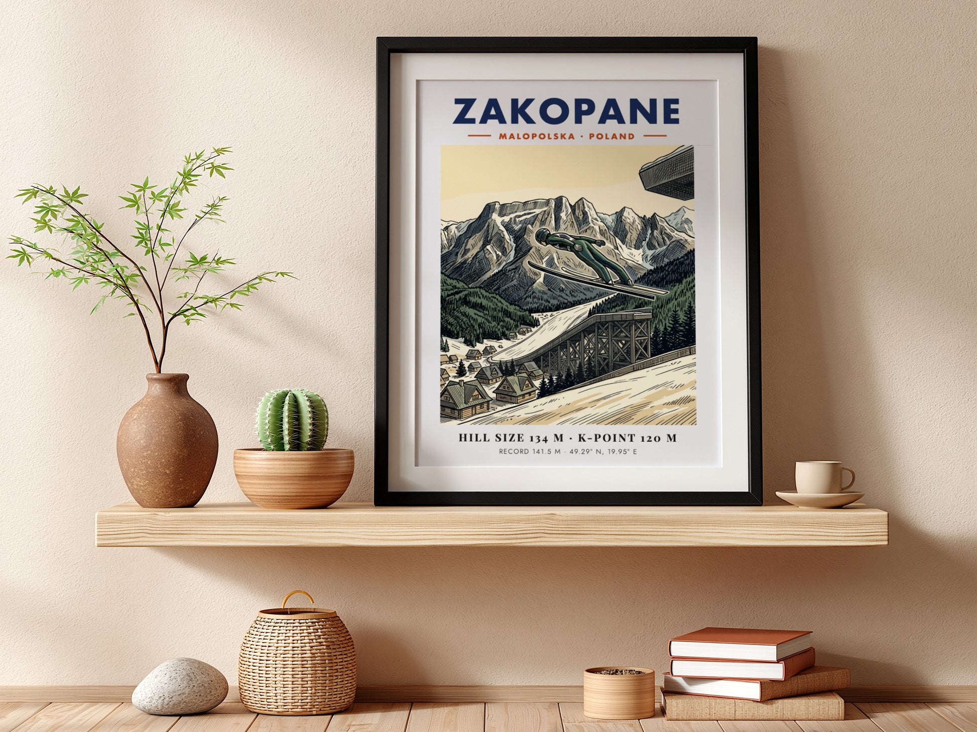 Poster showing a ski jumper in mid-air above the Zakopane mountain range landscape.