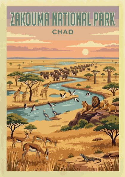 Zakouma National Park poster featuring wildlife, vibrant colors, and natural scenery
