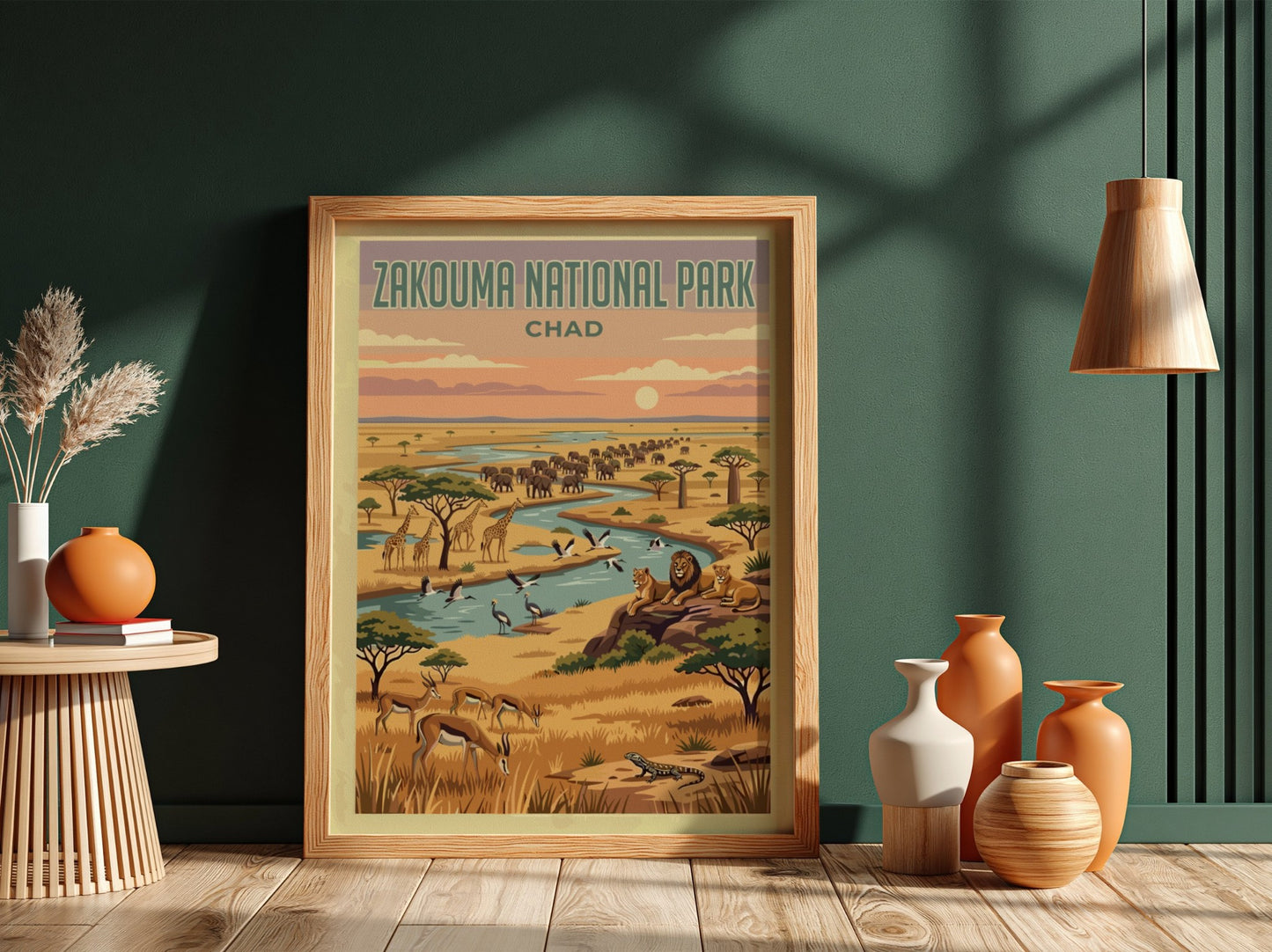 Zakouma National Park poster featuring wildlife, vibrant colors, and natural scenery