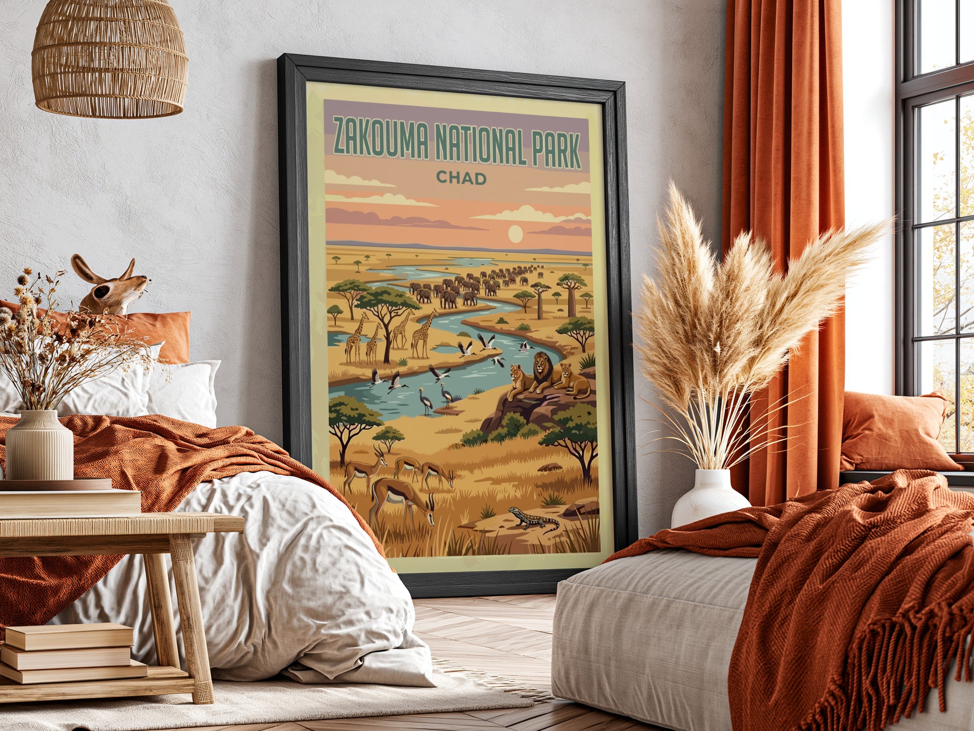 Zakouma National Park poster featuring wildlife, vibrant colors, and natural scenery