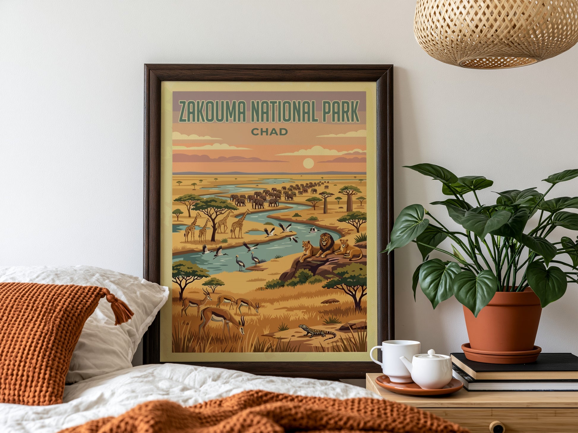 Zakouma National Park poster featuring wildlife, vibrant colors, and natural scenery